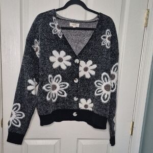 Floral Knit Cardigan in Charcoal and Cream